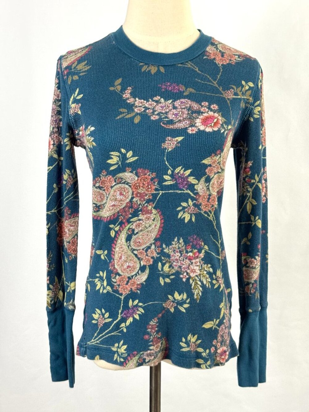Sundance Floral Paisley Waffle Knit Thermal Long Sleeve Top Velvet Cuffs Teal
